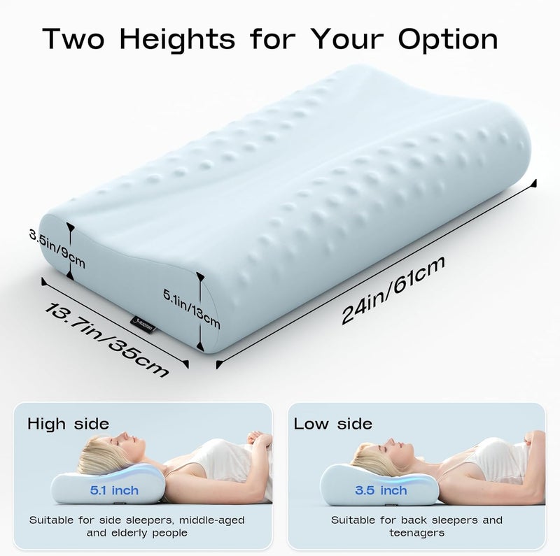 Ruizman Memory Foam Contour Pillow - Cooling Cervical Neck Pillow for Sleeping - Patented Ergonomic 2 Heights Design Contour Pillow for Side Back Stomach Sleepers (Light Blue) - Image 2